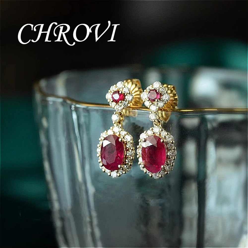 Medieval 925 sterling silver ear jewelry, golden ruby earrings, women's ear studs, exquisite red diamonds and precious stones