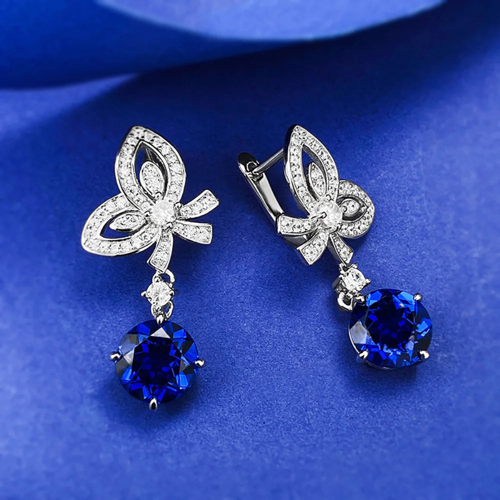 Charms 100% 925 Real Silver 8mm Pink Quartz Sapphire Bowknot Dangle Earrings for Women Lab Diamond Gemstone Wedding Fine Jewelry