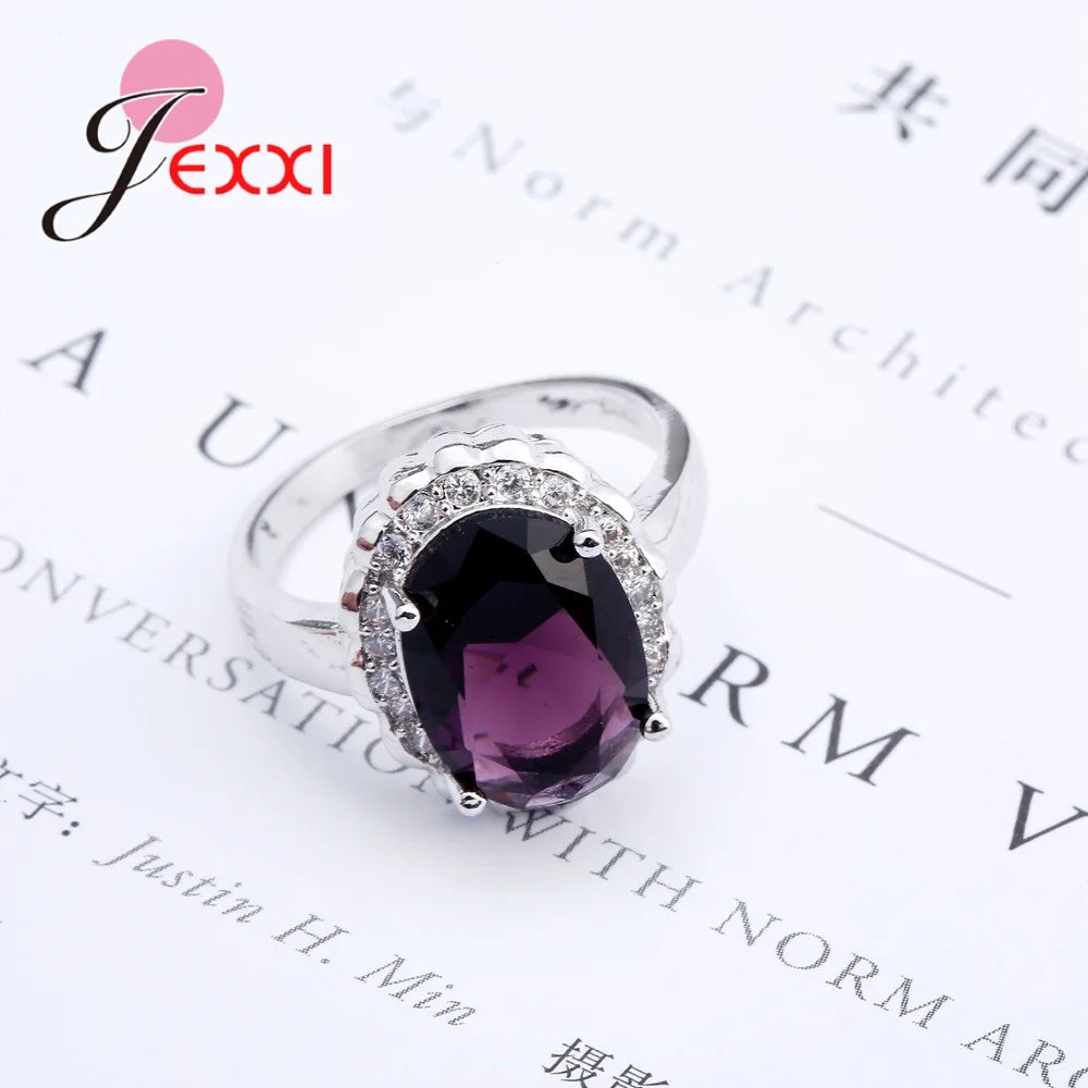 Fashion Round 925 Sterling Silver Purple CZ Cubic Zirconia Wedding Rings For Women Finger Ring Wedding Accessories