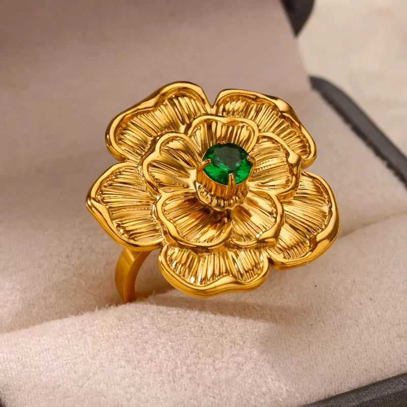 Luxury Stainless Steel Rings Gold Plated Colorful Stone Zircon Crystal Heart Ring For Women Wedding Boho Jewelry Christmas Gift