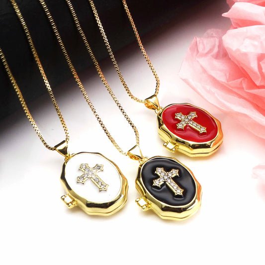 Micro Zircon oil drip photo box Cross Pendant necklace Fashion pendant necklace copper chain jewelry Accessories