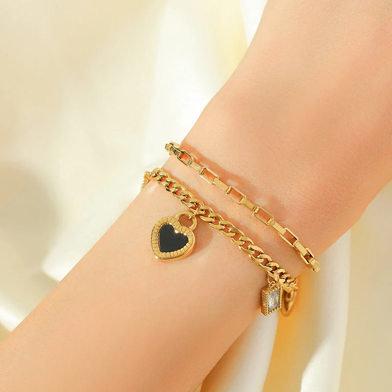 EILIECK Stainless Steel Reversible Heart Charm Bracelet For Women Trendy 18K Gold Plated Waterproof Wrist Chain Jewelry Gift