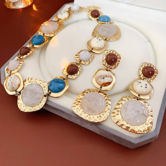1/2 Pcs Vintage Colorful Geometric Resin Chokers Necklaces for Women Exaggerated Pleated Drop Earrings Fashion Banquet Jewelry N
