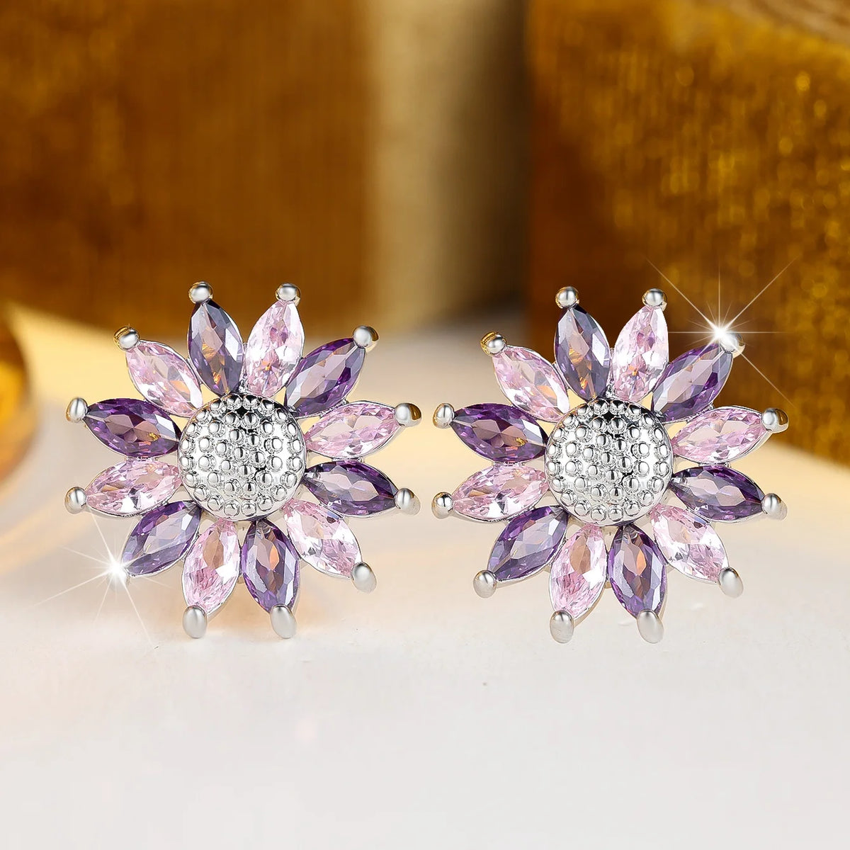 Small SunFlower Purple Zircon Stone Stud Earrings For Cute Women New Trendy Silver Color Birthstone Wedding Jewelry Bridal Gifts