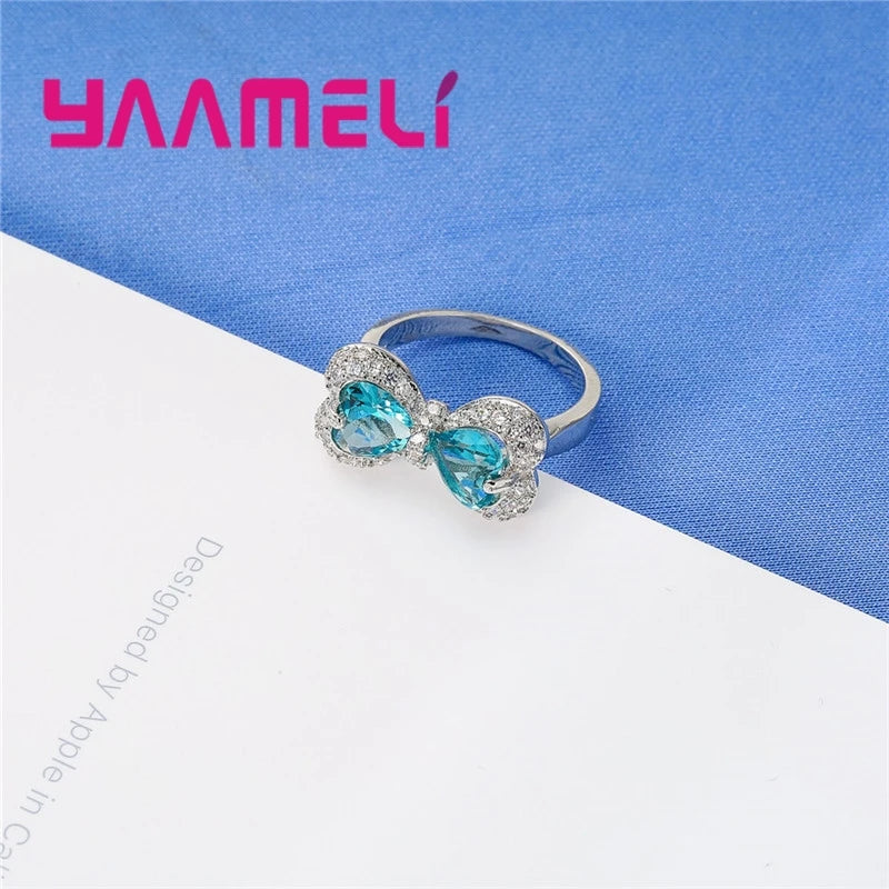 Popular Sweet Bowknot Shape Shininy Crystals 925 Sterling Silver Color Finger Rings For Girls Best Gifts Trendy Bague Jewelry