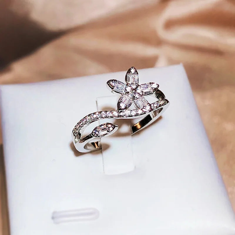 Luxury Five-Star Opened Ring for Women 925 Silver with Full Diamonds and Graduated Square Zirconia Star Ring - Unique Jewelry