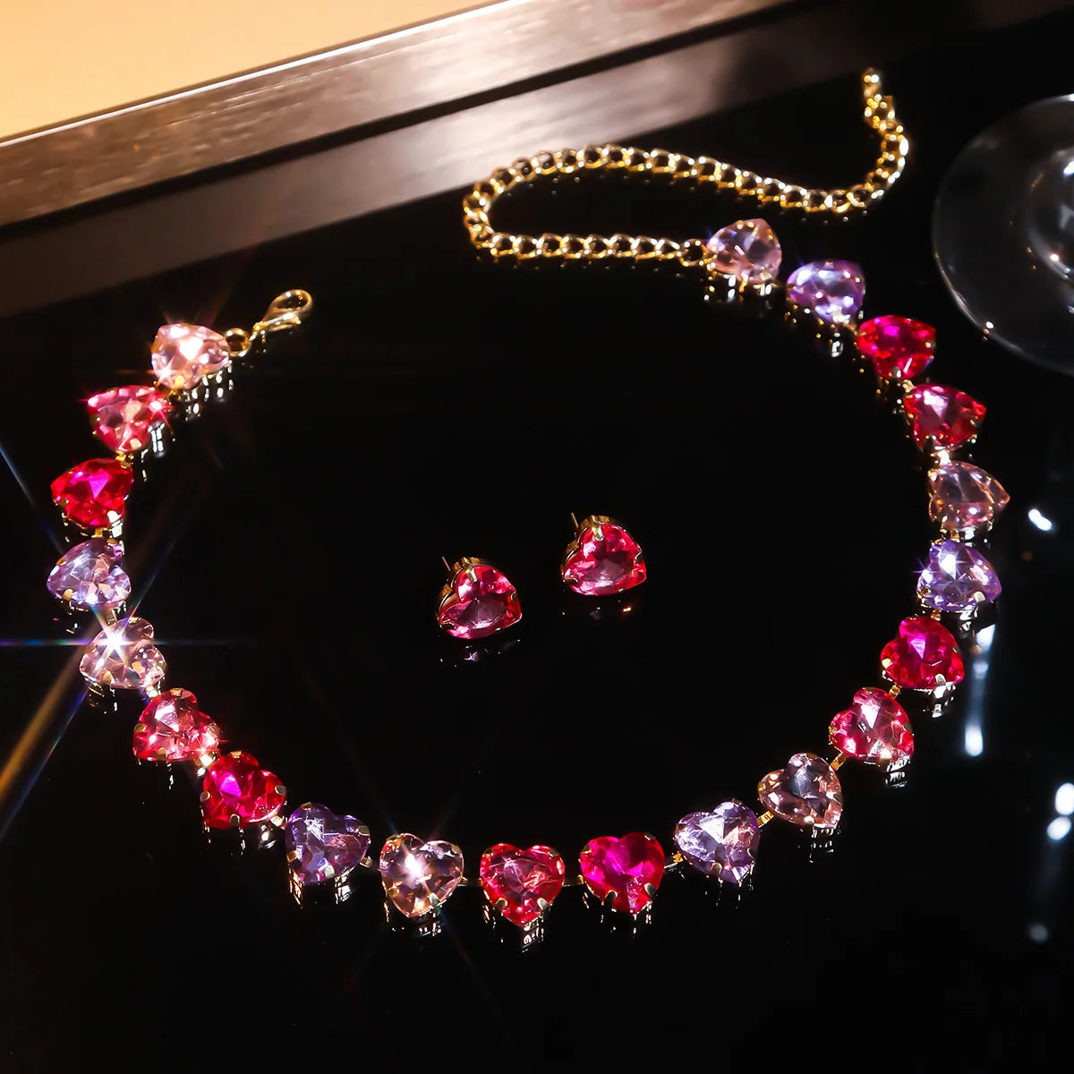 FYUAN Sweet Rose Red Heart Pendant Necklace For Women Crystal Earrings Weddings Banquet Jewelry Sets