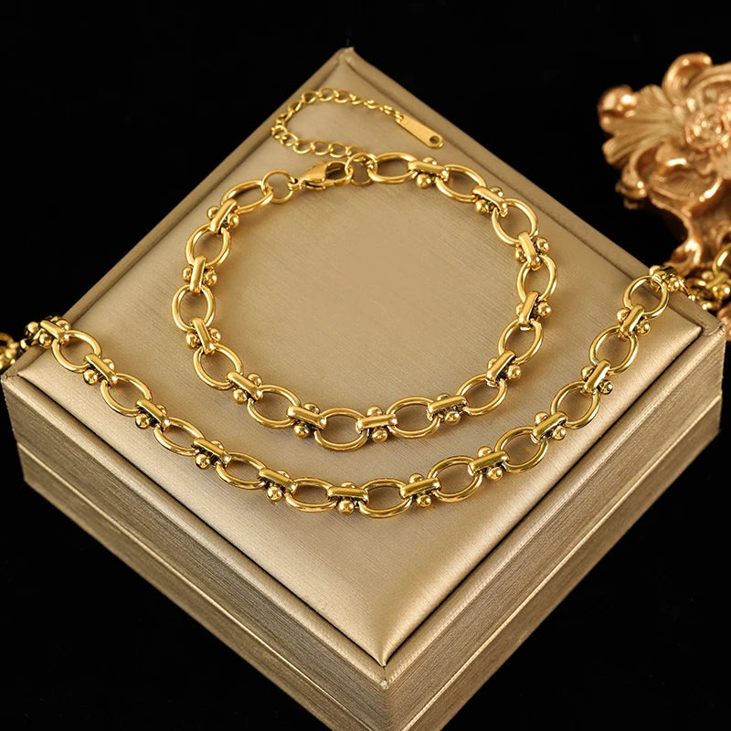 \EILIECK Stainless Steel Metal Gold Color Chain Necklace Bracelet For Women New Fashion Waterproof Collar Jewelry Set Gift Party