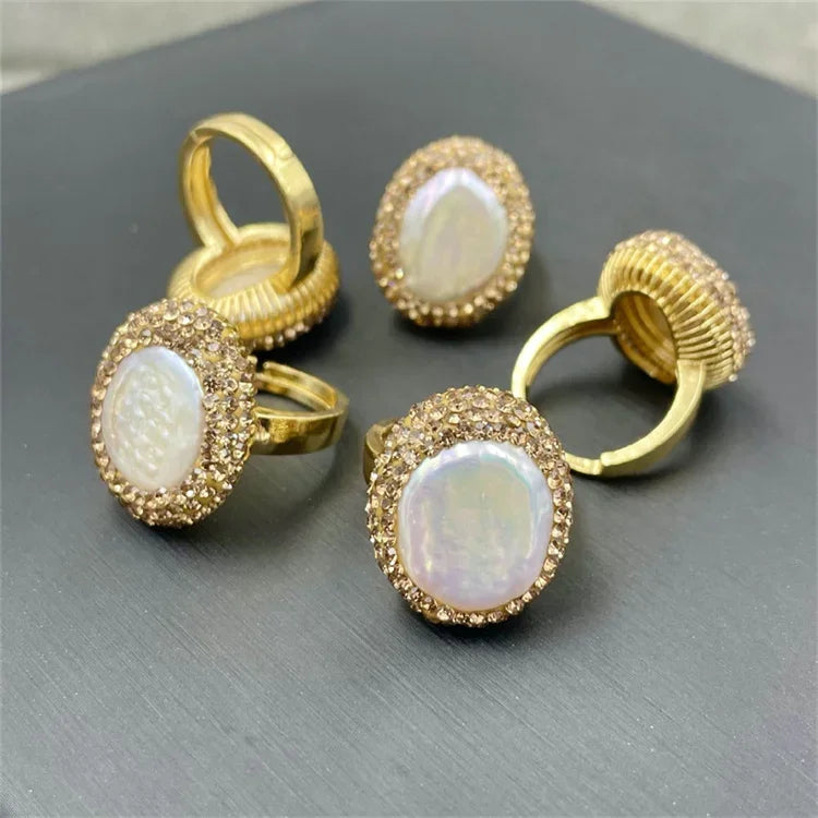 Baroque Coin Pearl Rhinestone Index Finger Ring Rhinestone Freshwater Pearl Open Cuff Rings for Women Party Ball Jewelry