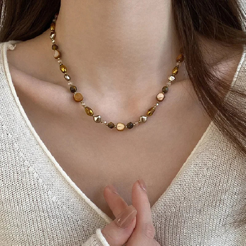 Vintage Handmade Brown Resin Stone Geometry Beaded Choker Clavicle Chain Necklace For Women Trendy Charm Neck Jewelry Gift