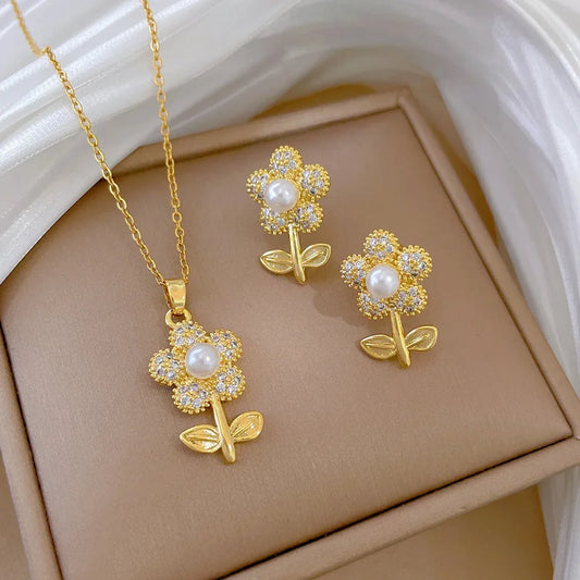 Sparkling Luxury Cubic Zirconia Pearl Flower Pendant Stainless Steel Women's Necklace Fashion Waterproof Jewelry Gift