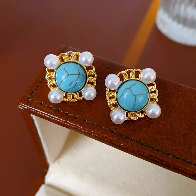 NISHIZAWA Pearls Stud Earrings for Women Geometric Sweet Korean Fashion Jewelry Elegant Vintage Simple Aretes De Mujer