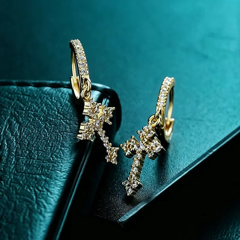 OXTAO Statement Hiphop Cross Earrings for Men Women 2.5mm D VVS1 Moissanite Drop Earrings Party Jewelery Gifts 14K Gold Filled
