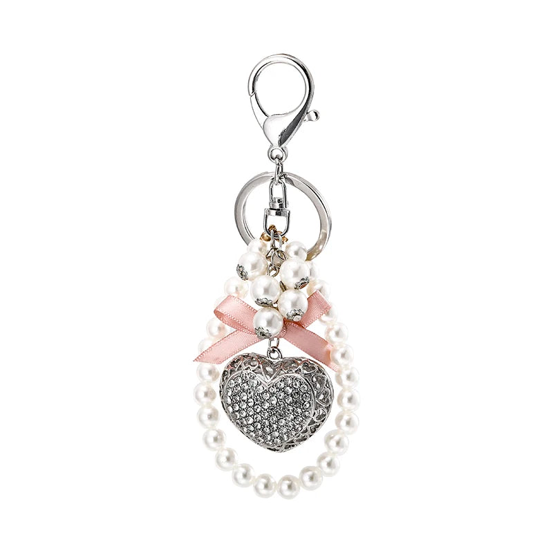 Pink Bow Love Pearl Chain KeyChain Sparkling Crystal Women's Luxury Handbag Pendant Car Key Ring