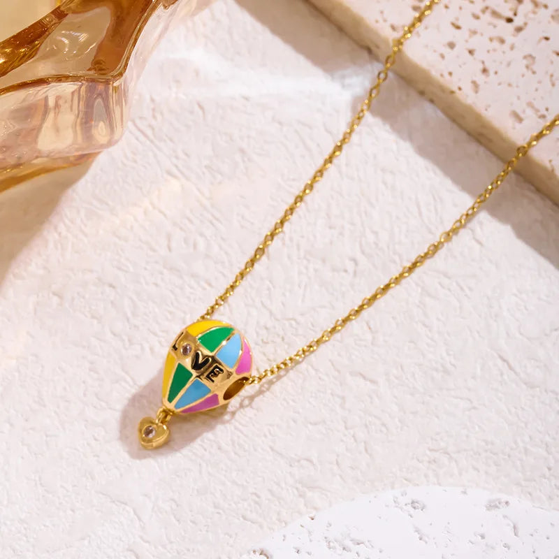 ANENJERY 316L Stainless Steel Drop Oil Balloon Pendant Necklace For Women Men Personality Niche Design Fashion Jewelry Gifts