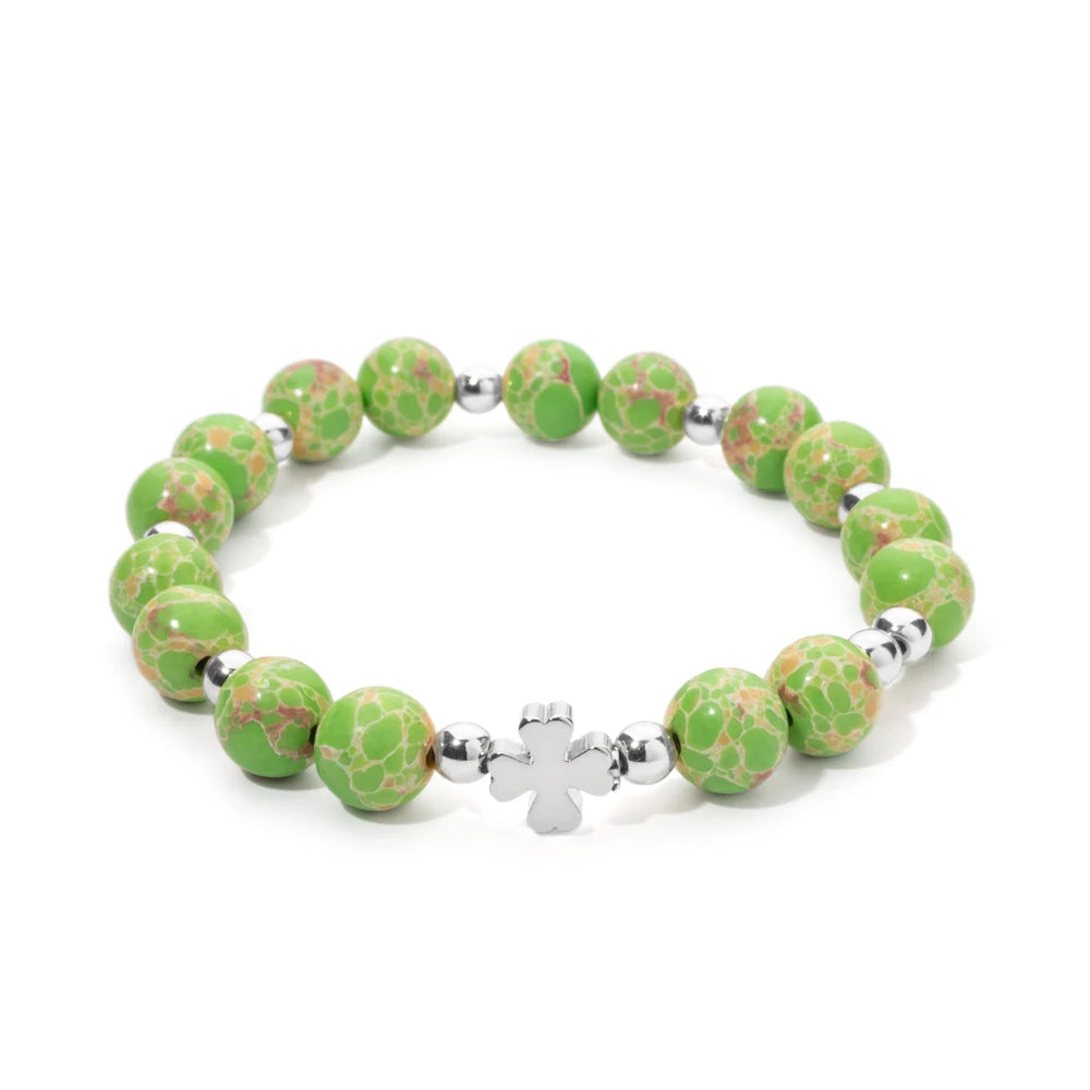 New 8MM Natural Stone Girl Bracelets Colorful Round Beads Alloy Gold Color Cross Women Bangle Fashion Jewelry Accessories 2024