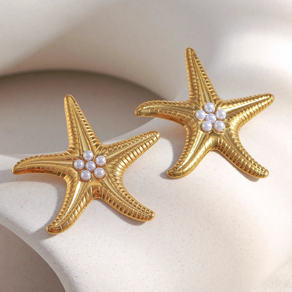 E.B.belle Exaggertaed Summer Beach Imitation Pearl Starfish Stud Earrings 18k Gold Plated Stainless Steel Holiday Women Jewelry