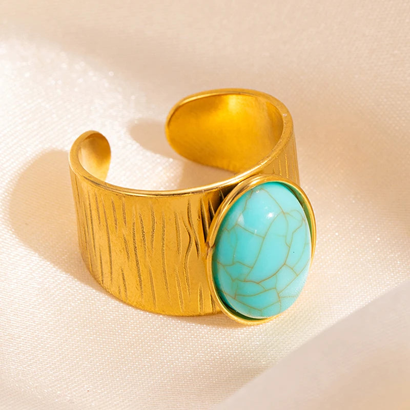 ANENJERY 316L Stainless Steel Turquoise Zircon Hollow Open Multi Layered Ring for Women Vintage Niche Jewelry Gifts Wholesale