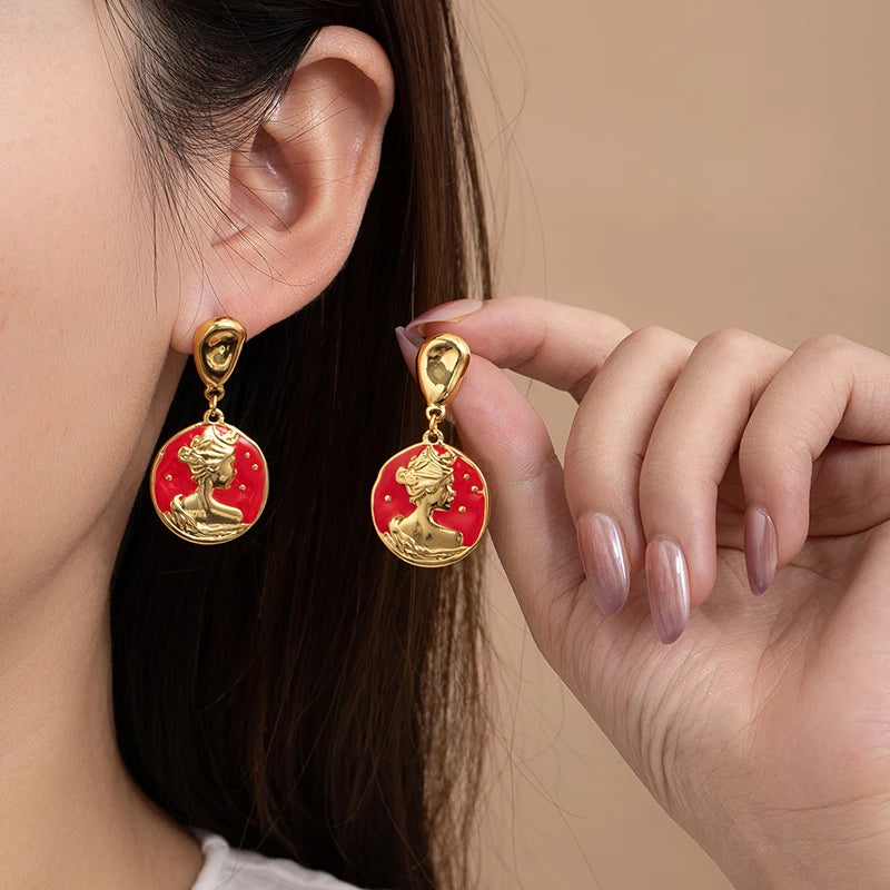 ANENJERY 316L Stainless Steel Portrait Round Card Pendant Earrings For Women Vintage Personality Versatile Party Jewelry Gifts