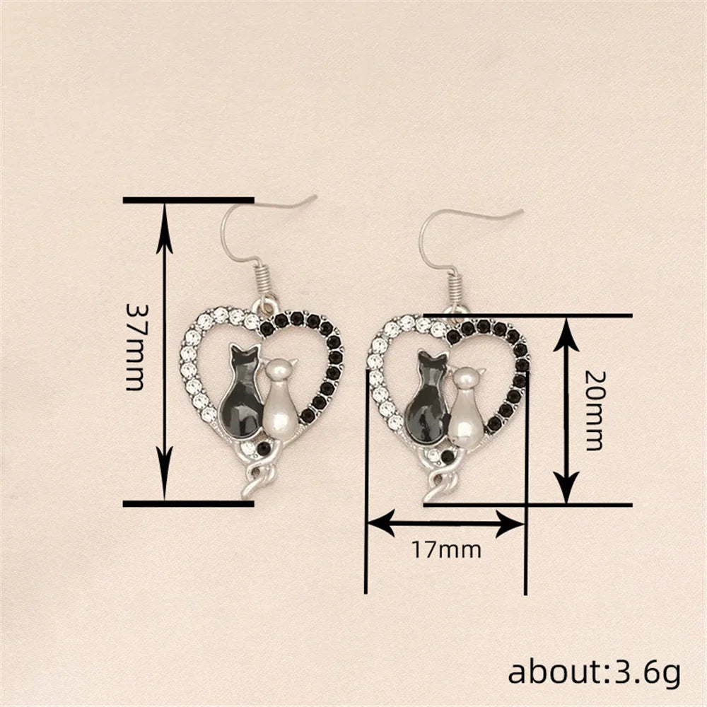 Charm Female White Black Zircon Stone Cat Animal Drop Earrings Cute Trendy Bridal Silver Color Dangle Wedding Jewelry For Women