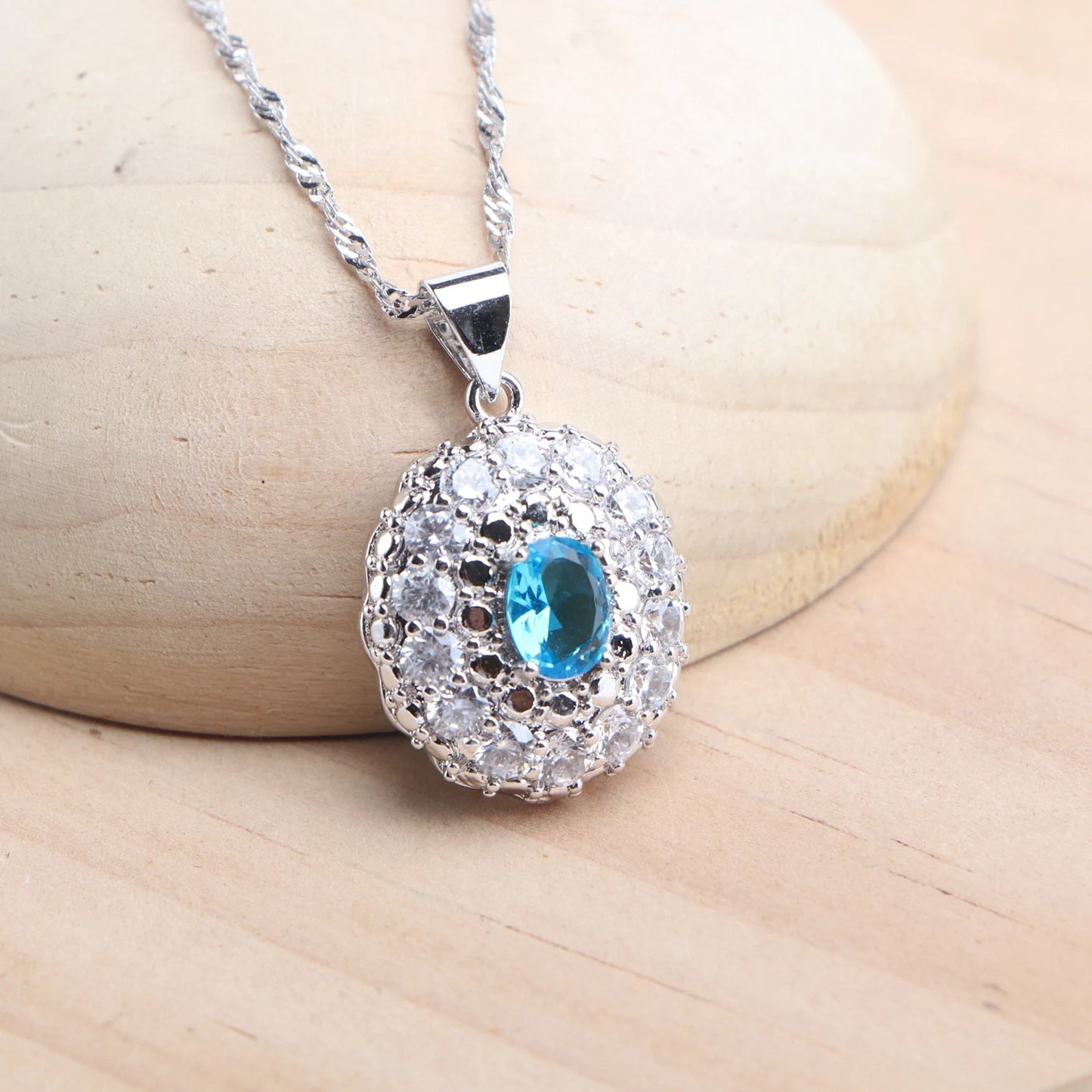 925 Silver Bridal Jewelry Sets Blue Zircon For Women Earrings Rings Pendant Wedding Necklace Set