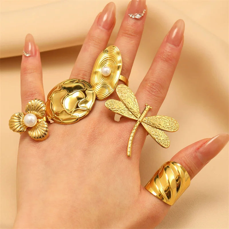 EILIECK  316L Stainless Steel New Design Dragonfly Ring Jewelry Women 18 K Plated Metal Texture Gold Color Ring Accessories