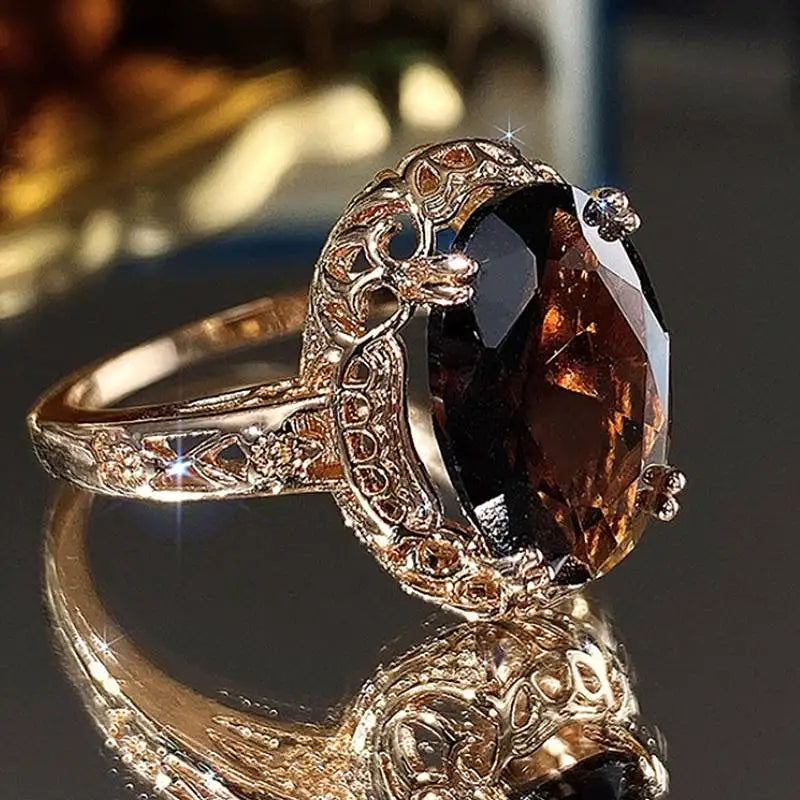 Huitan Rose Gold Color Women Ring Inlaid Shiny Red/Green Oval CZ Luxury Party Accessories Noble Fashion Engagement Chic Jewelry