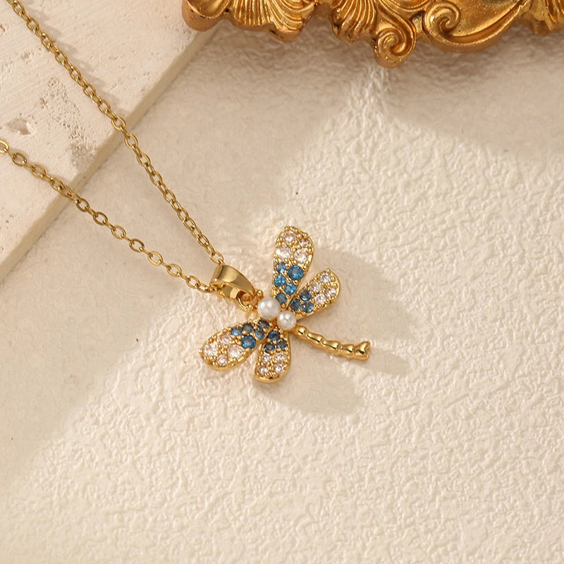 EILIECK Women's Cute Trendy Dragonfly Pendant Necklace 18K Gold-plated Stainless Steel Neck Chain Daily Water-resistant Jewelry