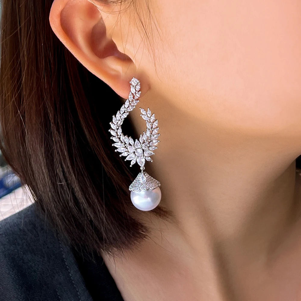 ThreeGraces Elegant Shiny Cubic Zirconia Big Simulated Pearl Long Statement Bridal Earrings Women Wedding Party Jewelry E1936