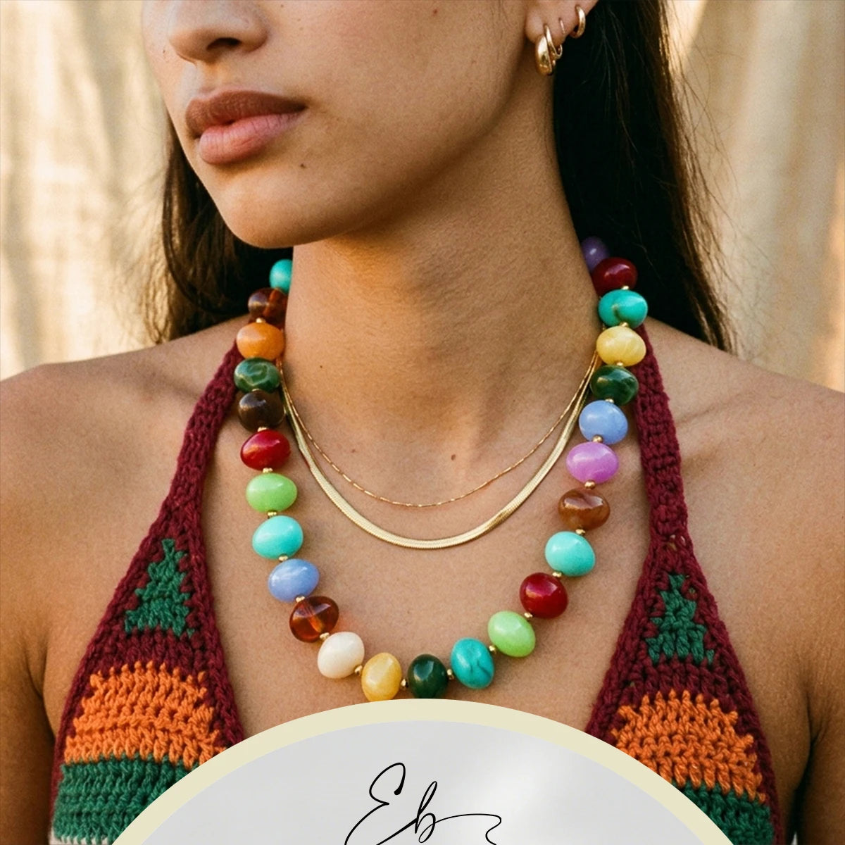 E.B.belle Colorful Candy Bead Strand Necklace Adjustable Gold Extension Chain Flat Oval Resin Beads Fashion Beach Women Jewelry