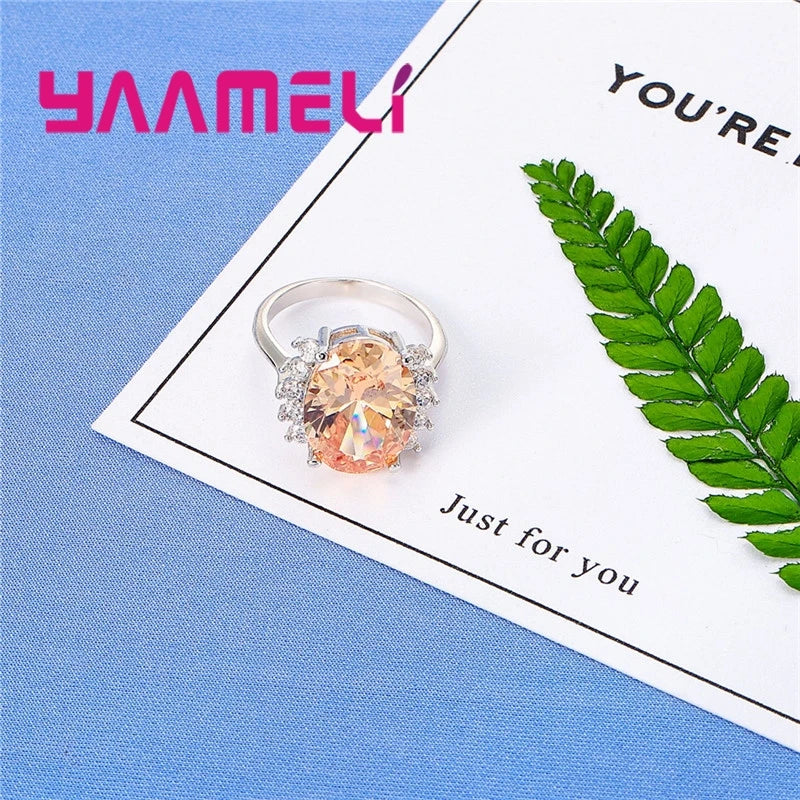 Classic Women Wedding Romantic Jewelry 925 Sterling Silver Color Band Rings Paved Big Oval Champagne Crystals Female Bague