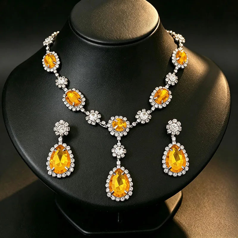 Shiny Cubic Zirconia Jewelry Set Women's Fashion Water Drop Teardrop Rhinestone Choker Necklace Dangle Earrings for Party K