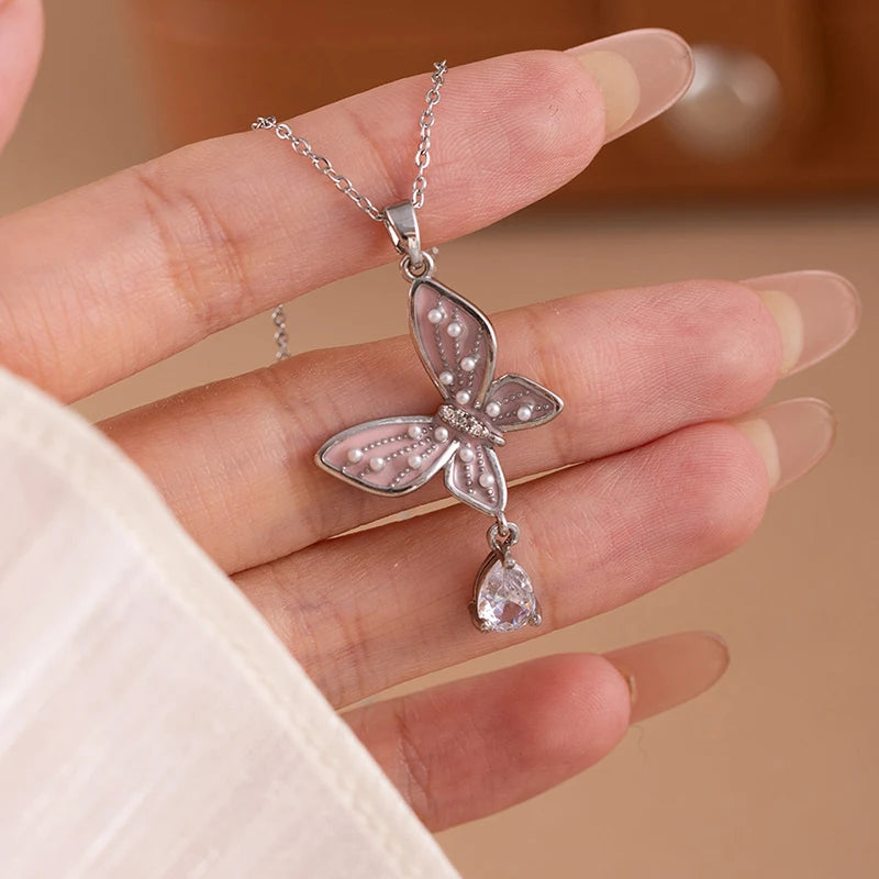 ANENJERY 316L Stainless Steel Flower Butterfly Shell Pendant Necklace For Women Delicate Elegant Fashion Jewelry Gifts Wholesale