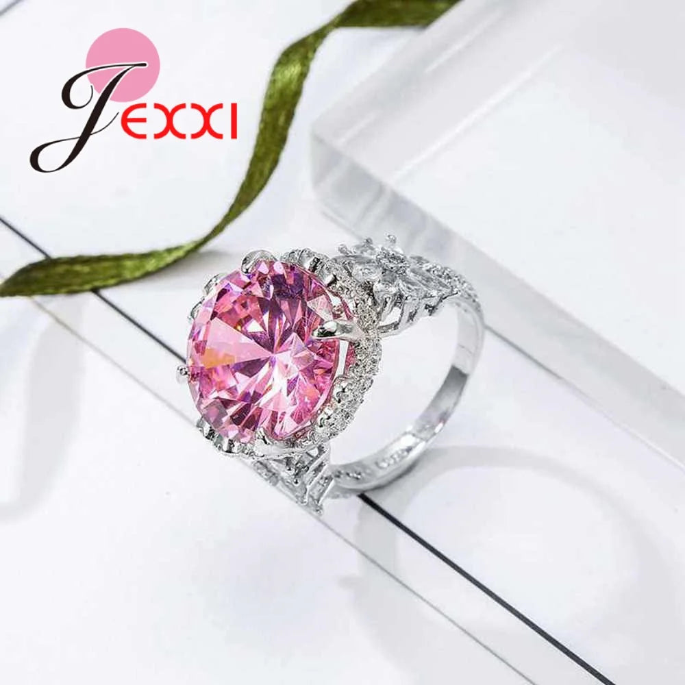 Luxury Big Round Pink Cubic Zirconia Wedding Fine Rings 925 Sterling Silver Women Banquet Party Queen Jewelry Ring