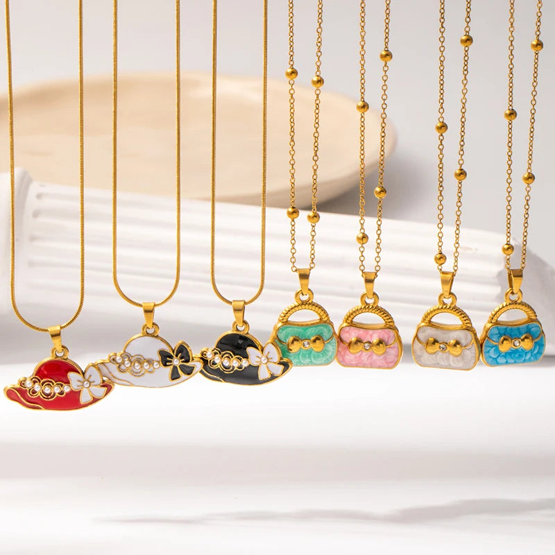 ANENJERY 316L Stainless Steel Colorful Enamel Hat Bag Pendant Necklace For Women Niche Luxury Design Fashion Jewelry Wholesale