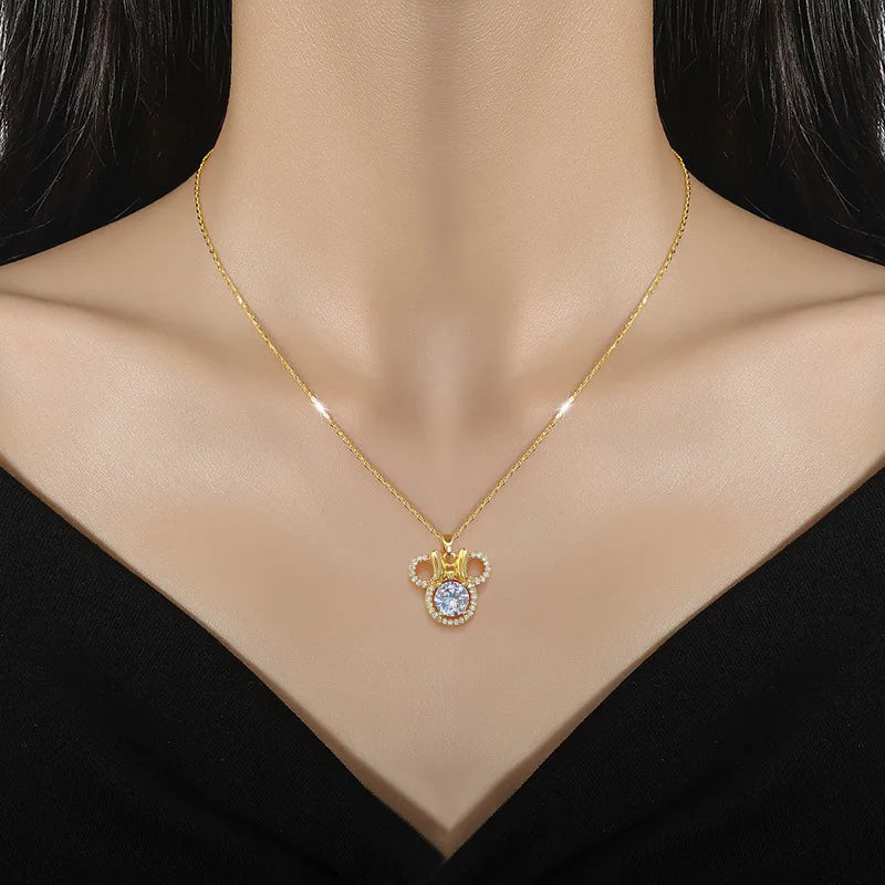Cute Mouse Bow Minnie Rhinestone Necklace for Women Party Accessories Jewelry Cartoon Choker Necklace Titanium Steel