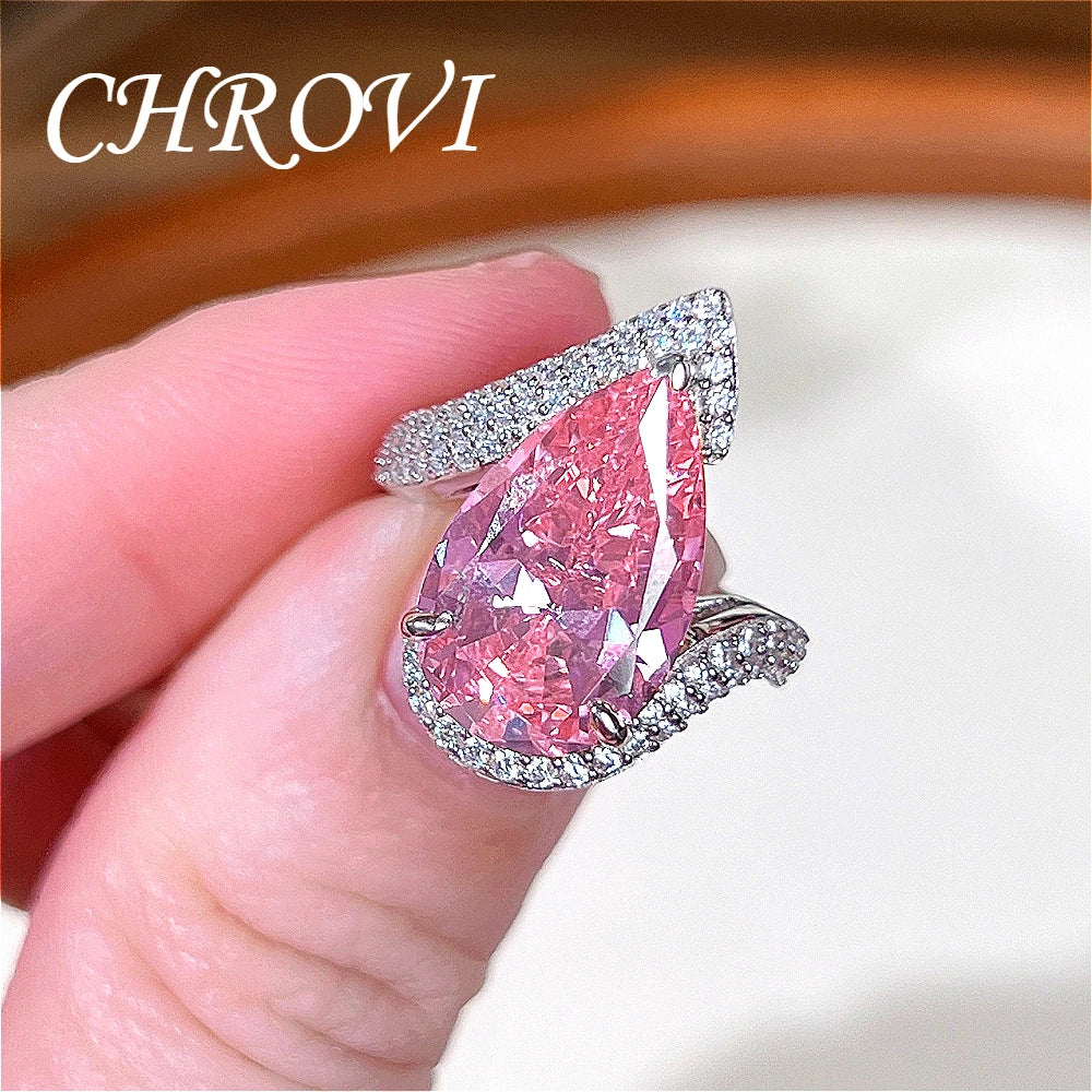 Luxury-Style 925Sterling Silver Drop-shaped Pink Zirconia Fashion Ring Full Diamond-Engraved Elegant Open Design Women's Jewelry