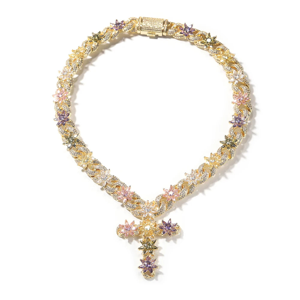 Colorful Flower Cross Charms Cuban Chain Full Pave Iced Out Baguette Cubic Zirconia HipHop Jewelry Unisex Gift For Men Women