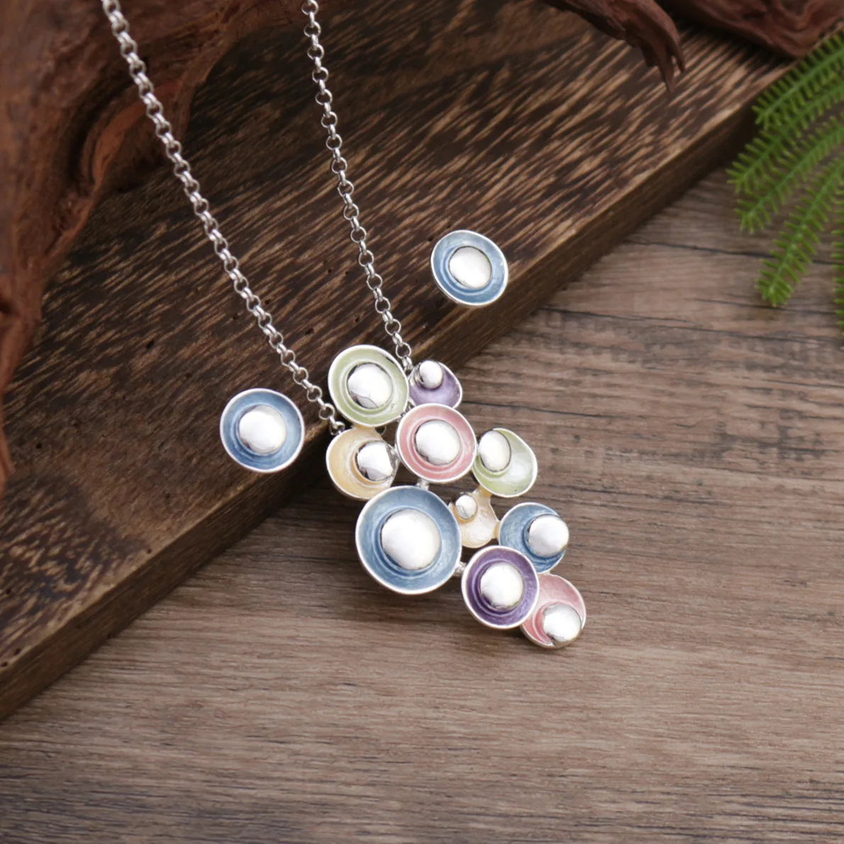 new enamel color round flower stud earrings pendant set, women's high-end glossy enamel color necklace