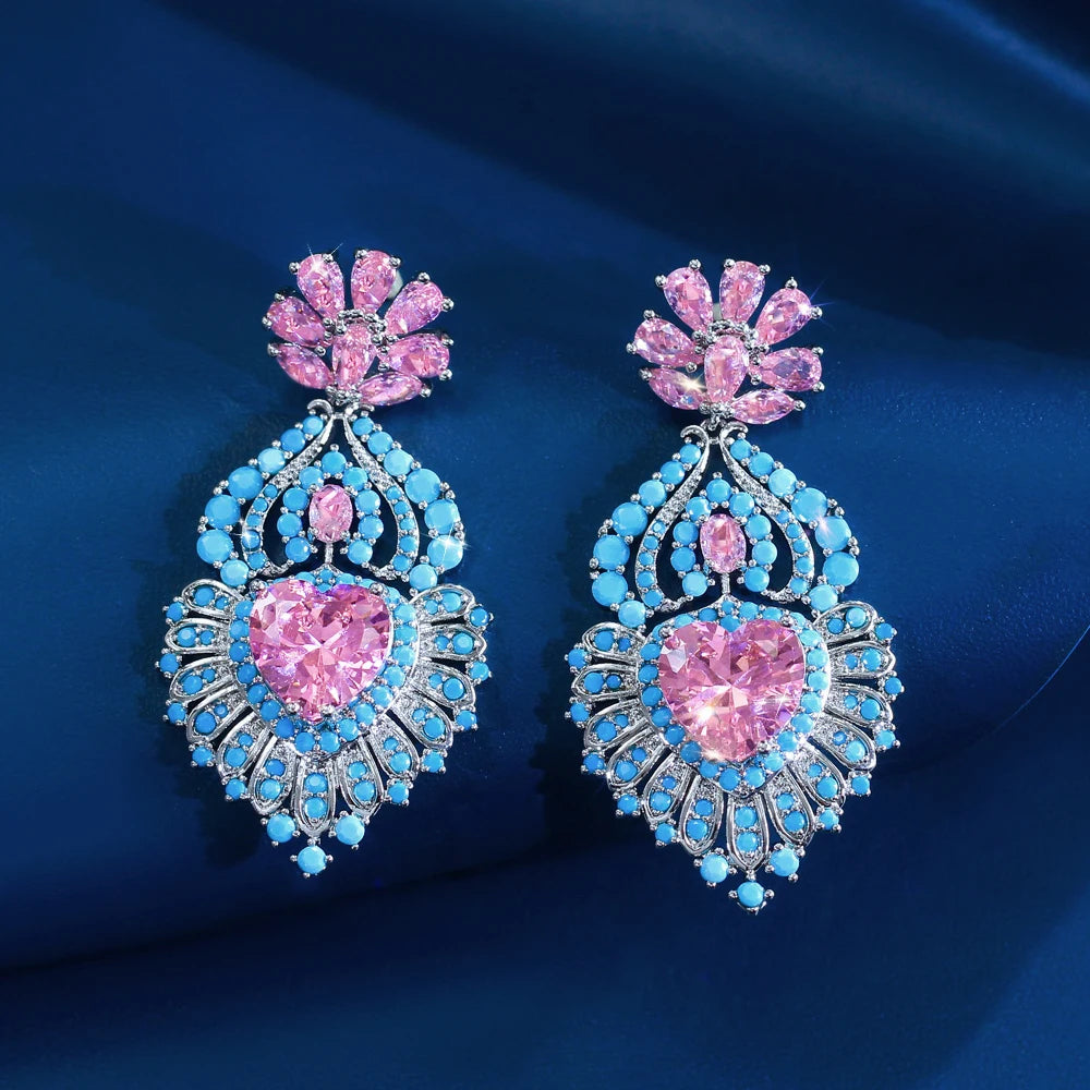 ThreeGraces Luxury Shiny Pink Heart Zirconia and Synthetic Turquoise Women Long Big Bridal Wedding Party Earrings Jewelry E2052