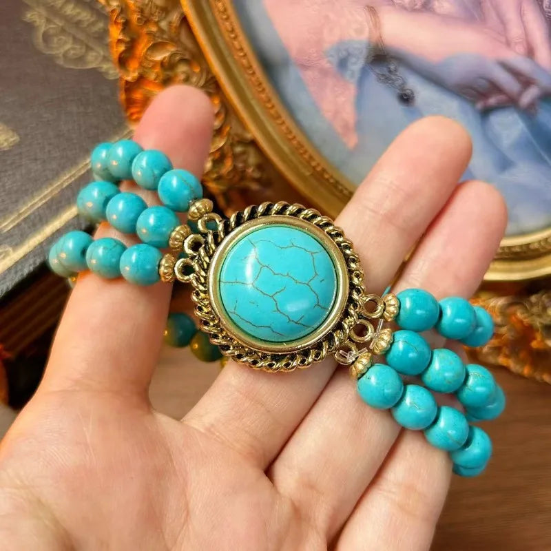 Turquoise Bracelets for Women Multilayered Vintage Versatile Jewelry Fashion Elegant Ethnic Style Beads Pulseras Mujer