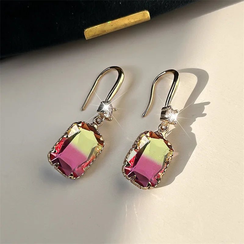 Cute Female Red Green Rainbow Drop Earrings Luxury White Crystal Earrings Yellow Gold Color Wedding Earrings For Women