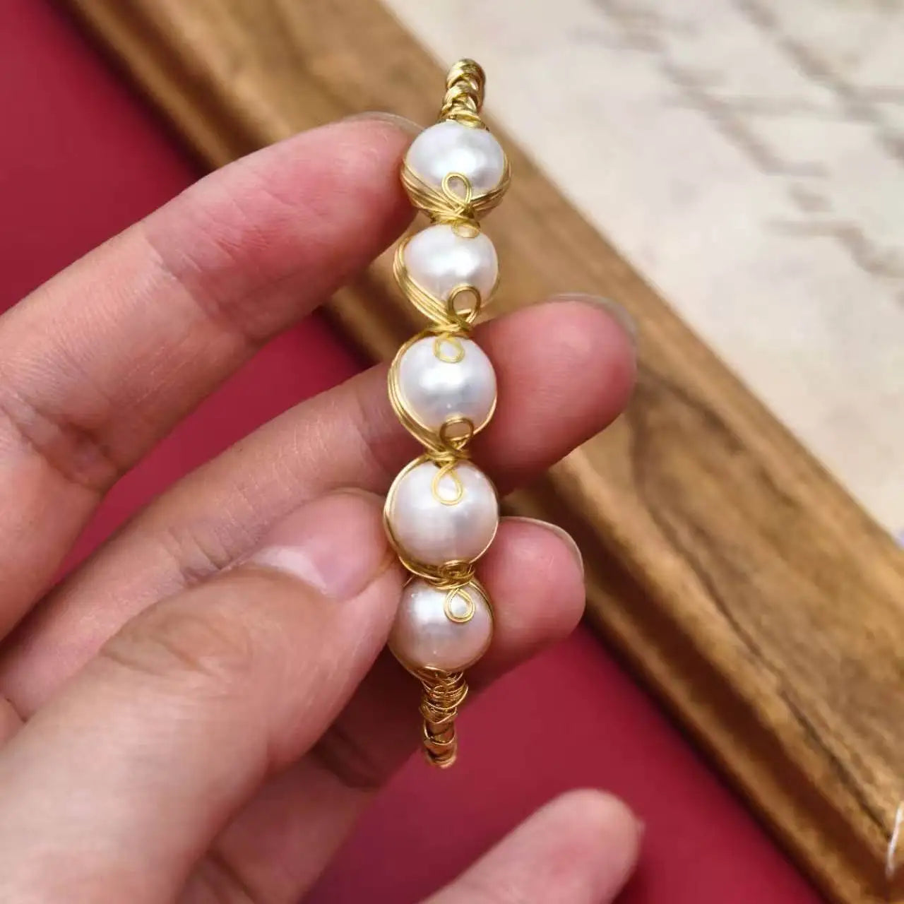 Handmade Open Bracelet with Natural Freshwater Pearls, Forest-Inspired Adjustable Wristband, Authentic Instagram Fairytale Style