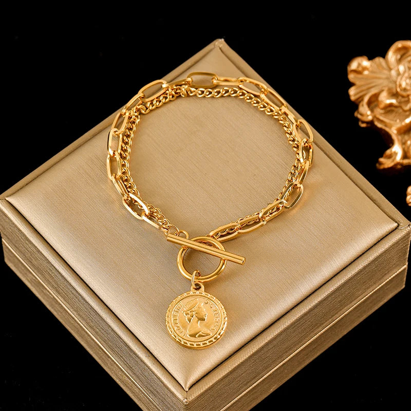 EILIECK 316L Stainless Steel Gold Color Portrait Coin Charm Bracelet Trendy Wrist Chain Jewelry For Women Girl Holiday Gifts