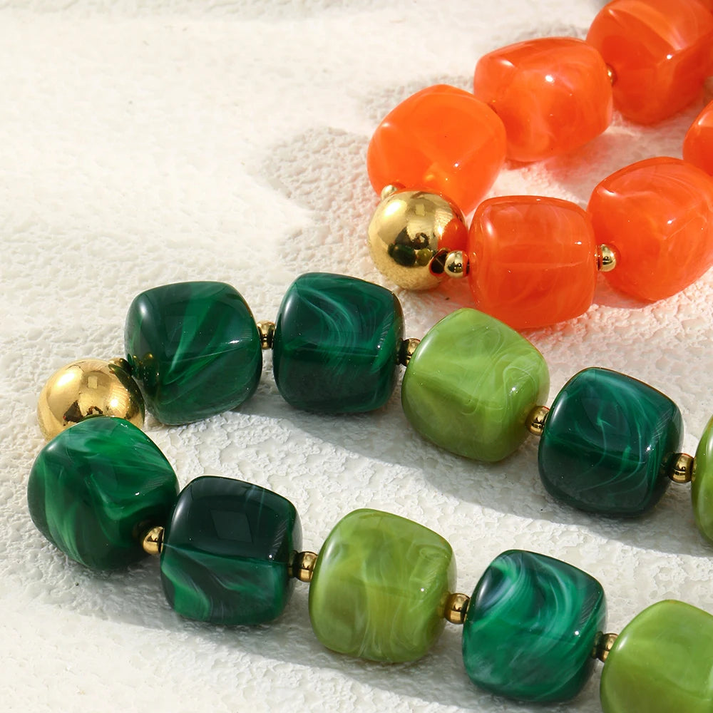 E.B.belle Vintage Statement Acrylic Square Bead Necklace Gold Plated Suitable For Ladies Green Red Bead Tarnish Free Jewelry