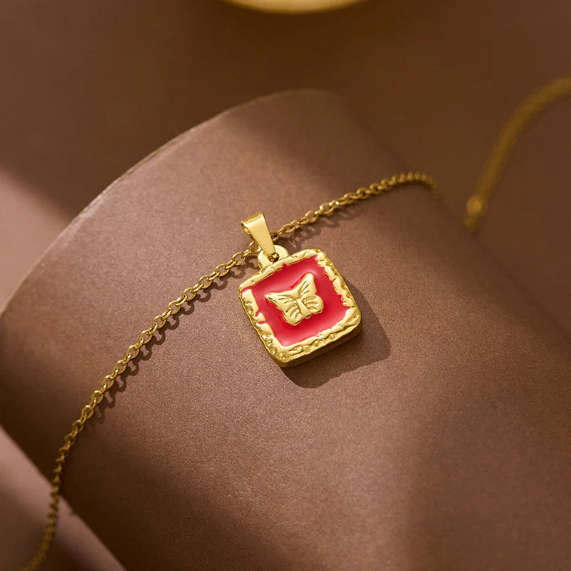 ANENJERY 316L Stainless Steel Butterfly Square Card Pendant Necklace For Women Simple Clavicle chain Elegant Jewelry Gifts