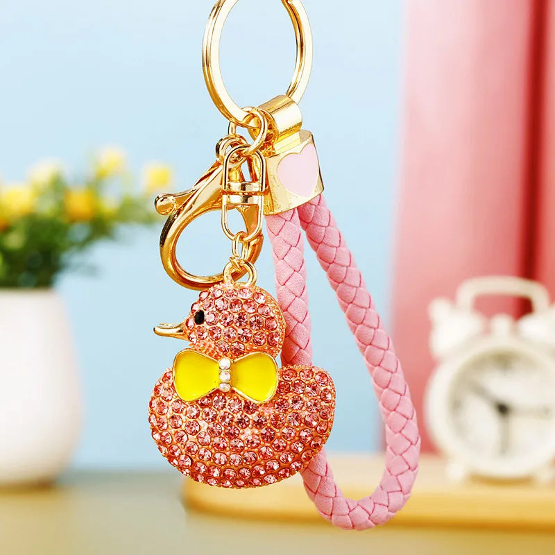 Creative rhinestone cute big yellow duck car keychain women's bag pendant metal key chain ring festival gift wholesale