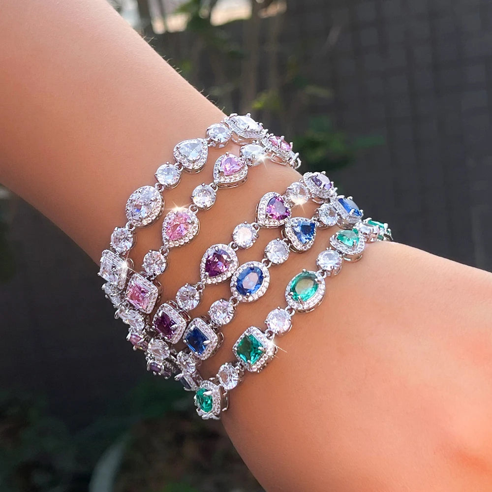 ThreeGraces Elegant Sparkling Water Drop Zirconia Bridal Wedding Party Geometric  Link Chain Bracelet Jewelry for Women BR470