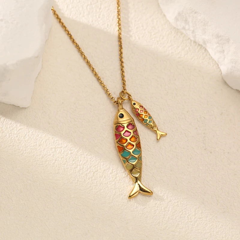 EILIECK Women's Trendy Colorful Creative Fish Pendant Necklace Stainless Steel Neck Chain Daily Water-resistant Jewelry Gift