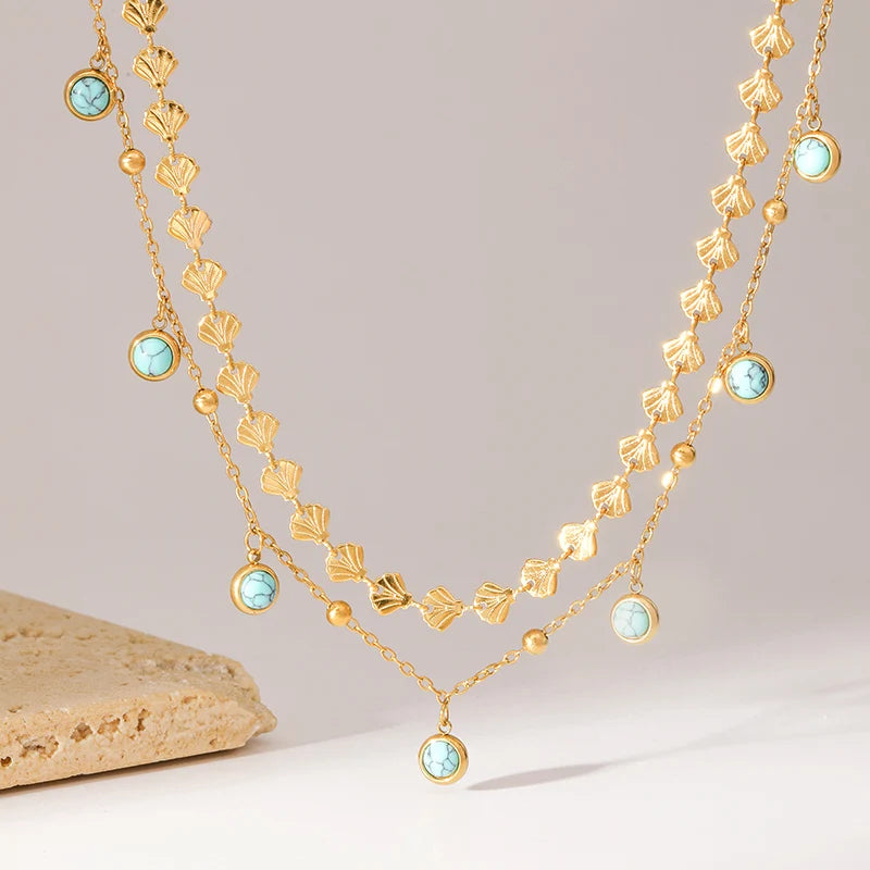 EILIECK 316L Stainless Steel Artificial Turquoise Pendant Necklace for Women Fashion Waterproof 2 Layer Neck Chain Jewelry Gift